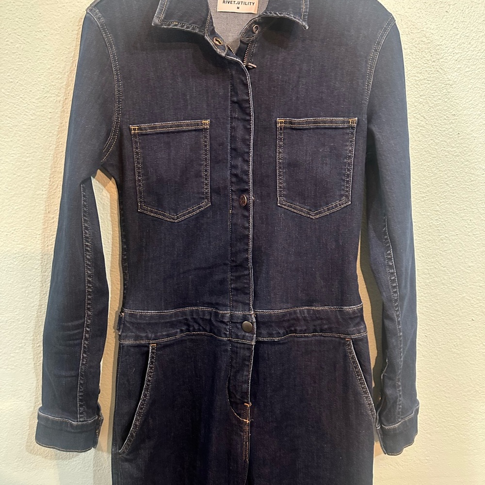 Denim River. Utility Jumpsuit in Dark Blue - Picture 3 of 15